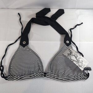 Point Zero Striped Halter Bikini Top Bathing Suit Women's 14 Black White NEW